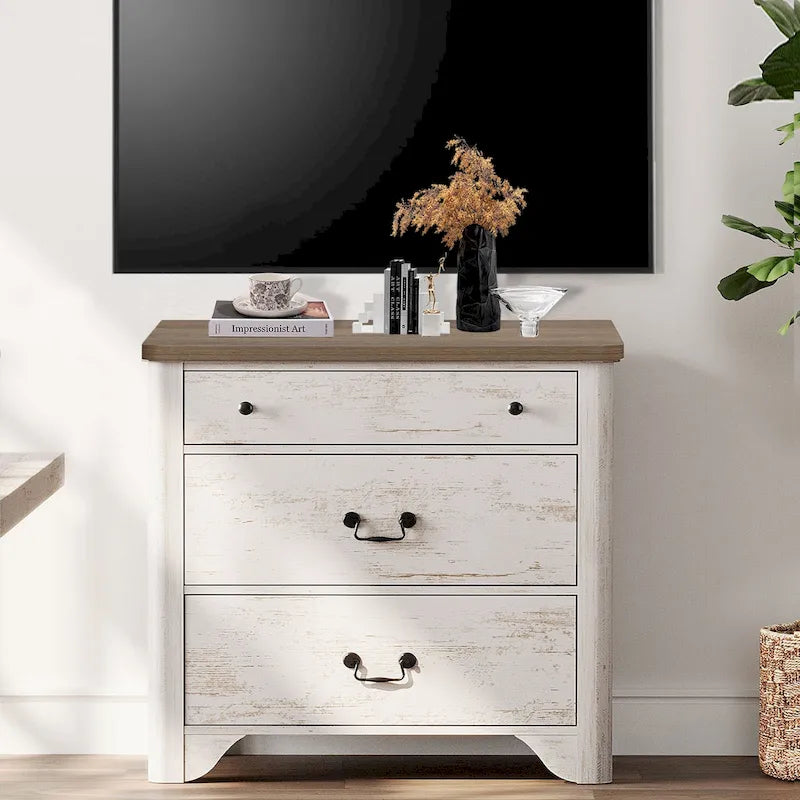 Meuble TV style ferme pour téléviseurs, centre de divertissement en bois avec 3 tiroirs, console TV avec grand rangement pour salon