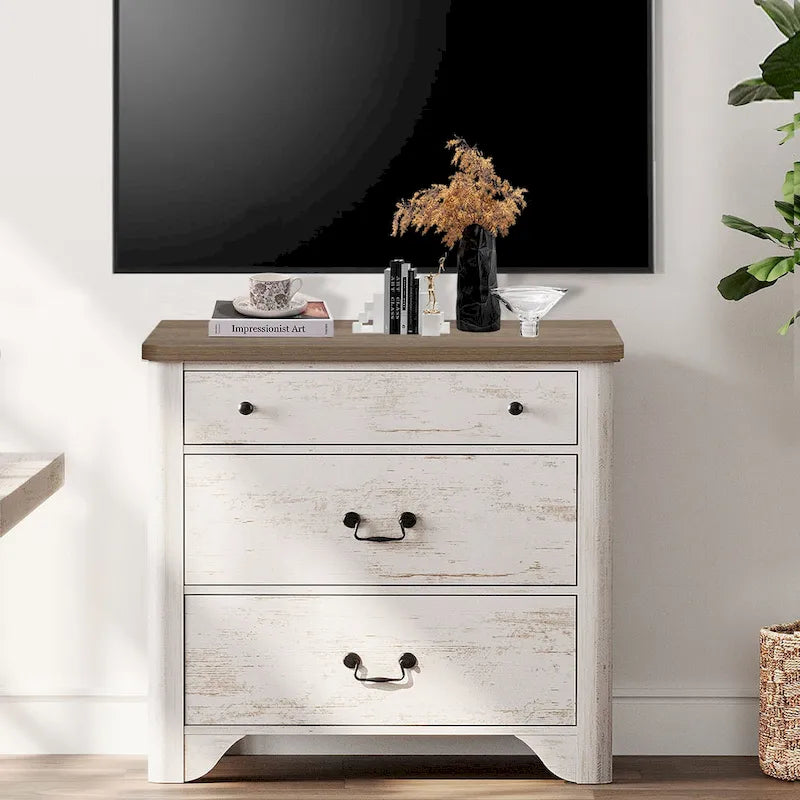 Meuble TV style ferme pour téléviseurs, centre de divertissement en bois avec 3 tiroirs, console TV avec grand rangement pour salon