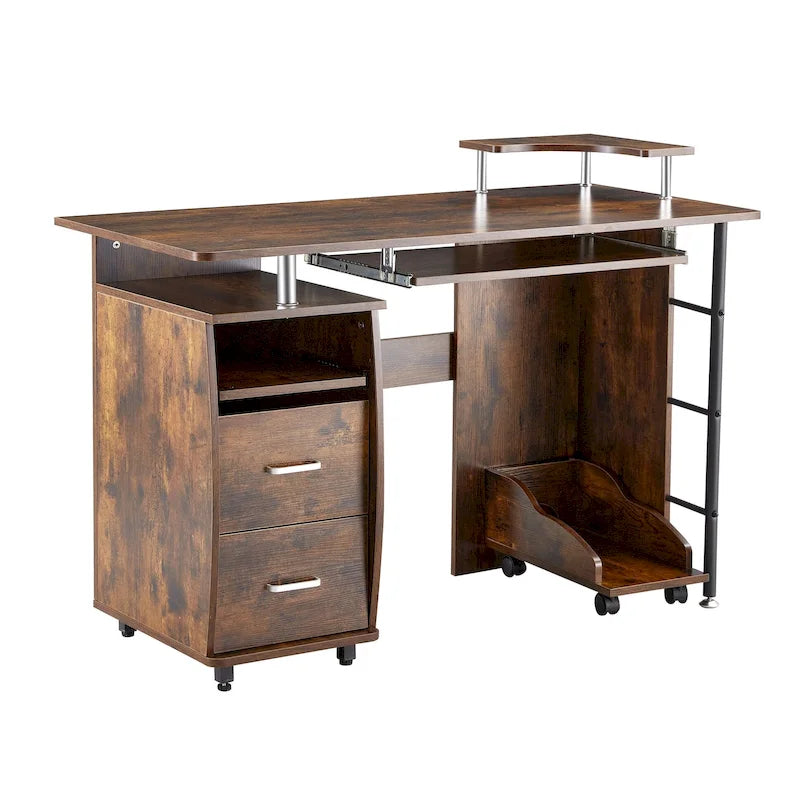 Bureau d'ordinateur incurvé traditionnel avec plateau de clavier, étagères de rangement et tiroir pour appareils pour petit bureau à domicile ou salle d'étude