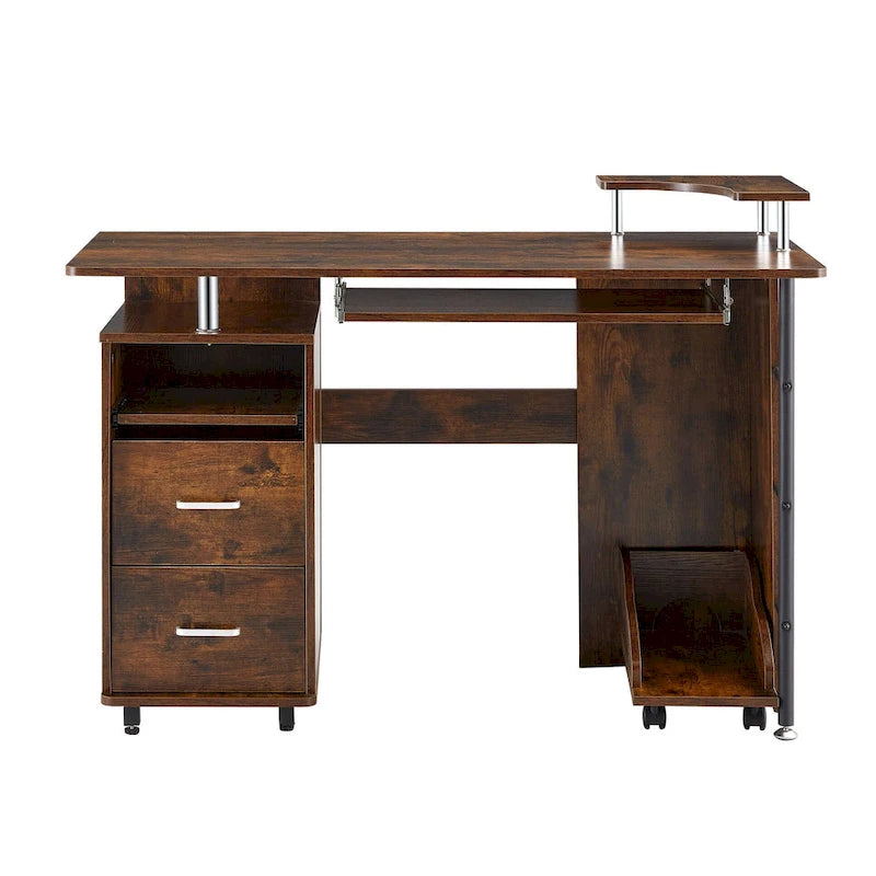Bureau d'ordinateur incurvé traditionnel avec plateau de clavier, étagères de rangement et tiroir pour appareils pour petit bureau à domicile ou salle d'étude