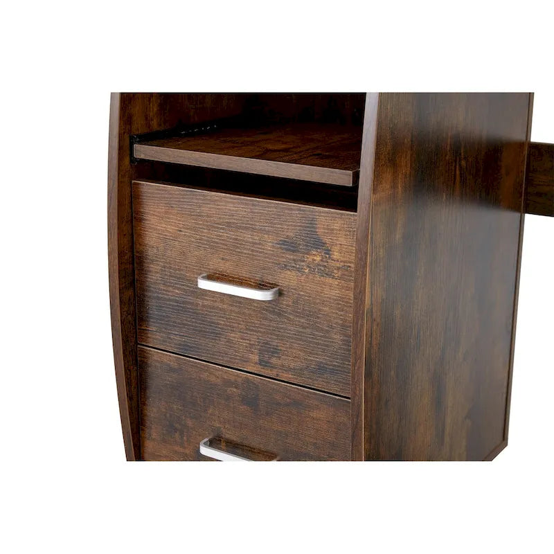 Bureau d'ordinateur incurvé traditionnel avec plateau de clavier, étagères de rangement et tiroir pour appareils pour petit bureau à domicile ou salle d'étude