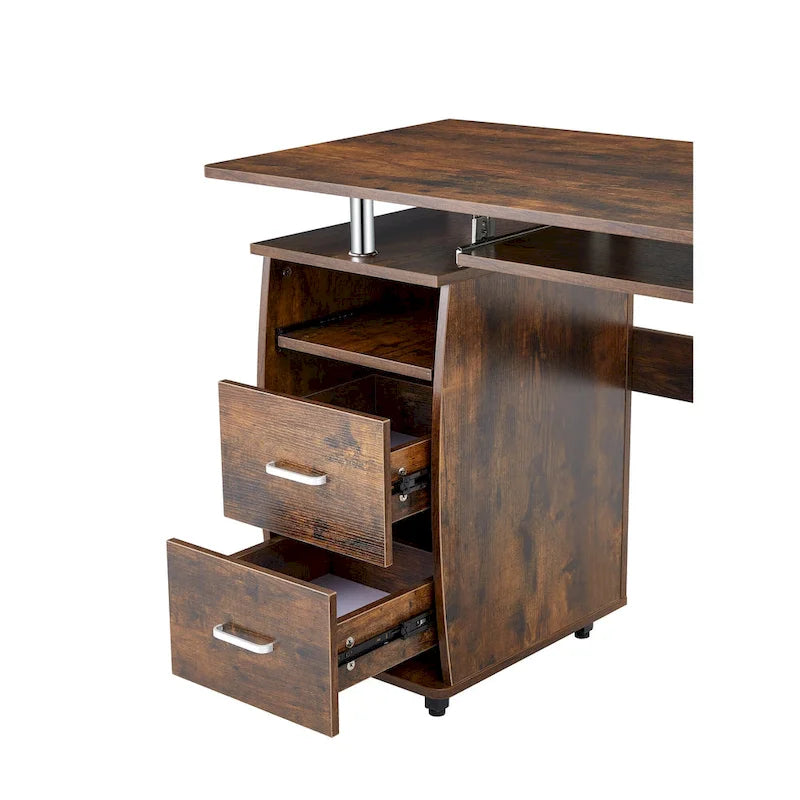 Bureau d'ordinateur incurvé traditionnel avec plateau de clavier, étagères de rangement et tiroir pour appareils pour petit bureau à domicile ou salle d'étude