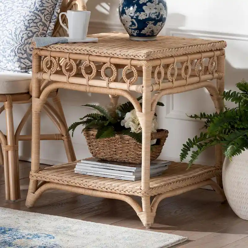 Oxford Braided Natural Rattan End Table with Shelf - Boho Table with Loop Detailing, Coastal Style for Living Room or Bedroom