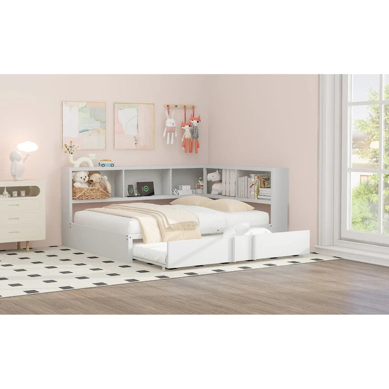 Lit de repos en métal avec cadre, lit de repos pleine grandeur avec bibliothèque de rangement en L, garde-corps, ports USB et lit gigogne, lit bas