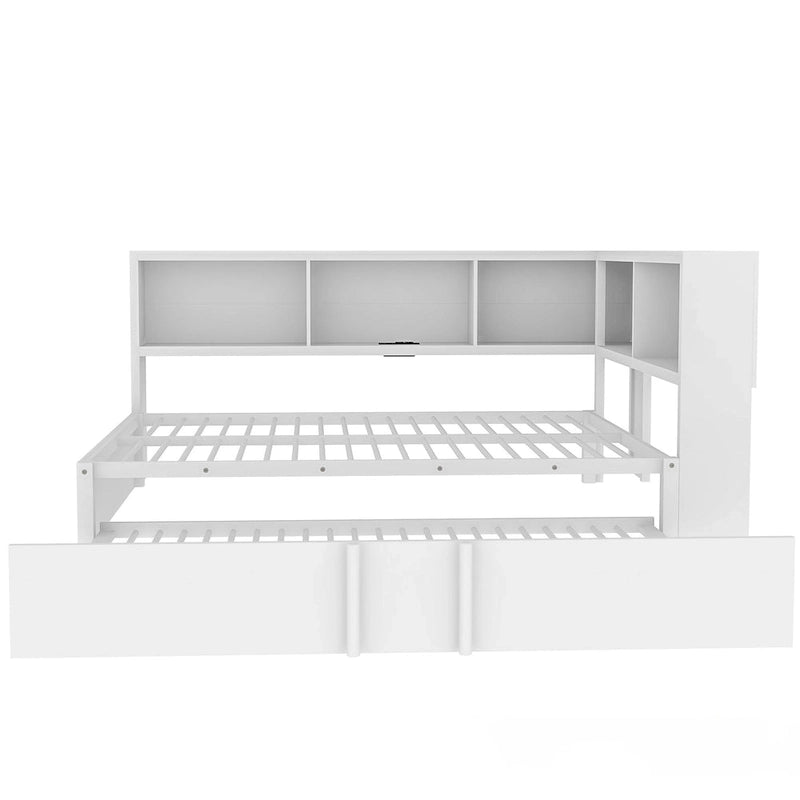 Lit de repos en métal avec cadre, lit de repos pleine grandeur avec bibliothèque de rangement en L, garde-corps, ports USB et lit gigogne, lit bas
