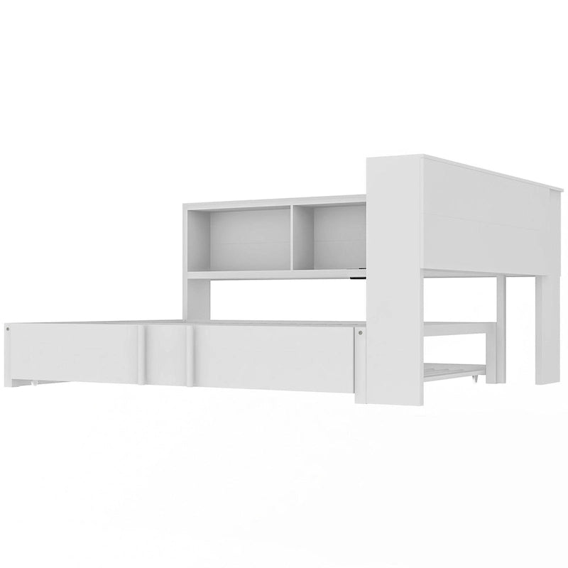 Lit de repos en métal avec cadre, lit de repos pleine grandeur avec bibliothèque de rangement en L, garde-corps, ports USB et lit gigogne, lit bas