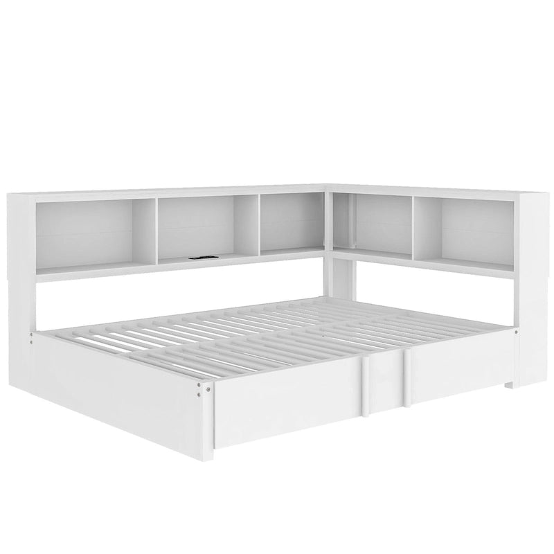 Lit de repos en métal avec cadre, lit de repos pleine grandeur avec bibliothèque de rangement en L, garde-corps, ports USB et lit gigogne, lit bas