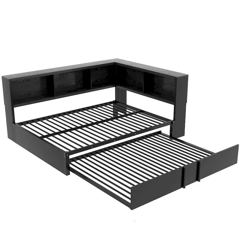 Lit de repos en métal avec cadre, lit de repos pleine grandeur avec bibliothèque de rangement en L, garde-corps, ports USB et lit gigogne, lit bas