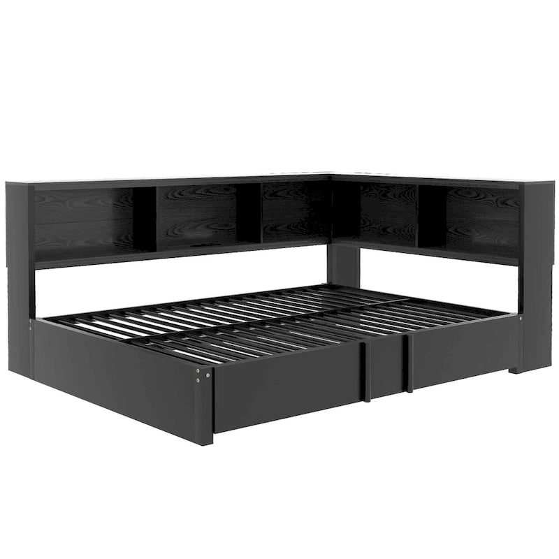 Lit de repos en métal avec cadre, lit de repos pleine grandeur avec bibliothèque de rangement en L, garde-corps, ports USB et lit gigogne, lit bas