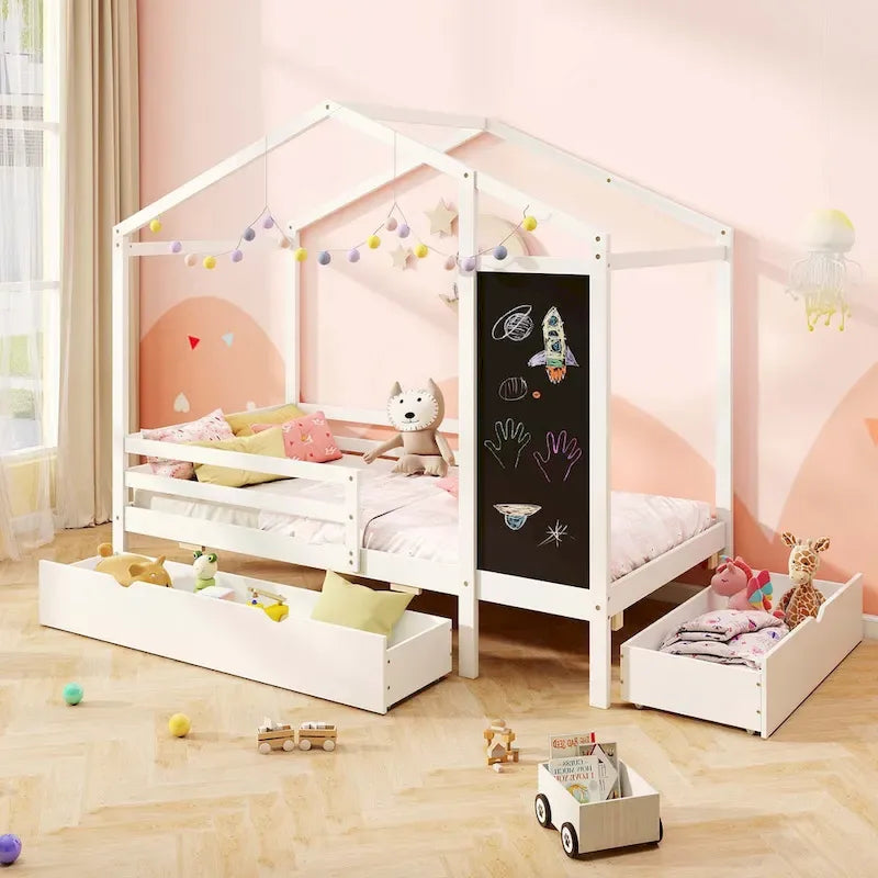 Lit Double avec 2 Tiroirs de Rangement Lit Plateforme en Bois Massif