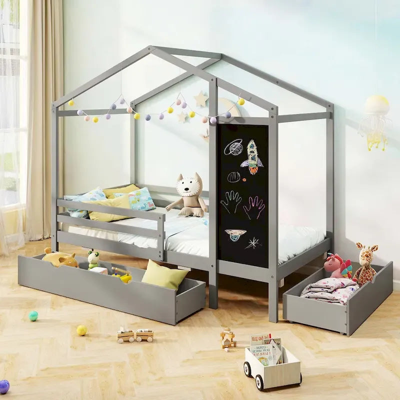 Lit Double avec 2 Tiroirs de Rangement Lit Plateforme en Bois Massif