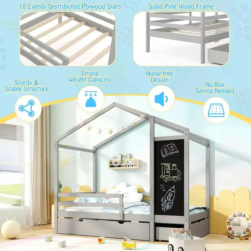 Lit Double avec 2 Tiroirs de Rangement Lit Plateforme en Bois Massif