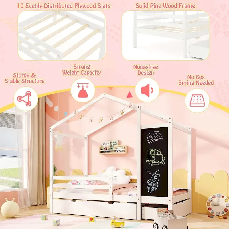 Lit Double avec 2 Tiroirs de Rangement Lit Plateforme en Bois Massif