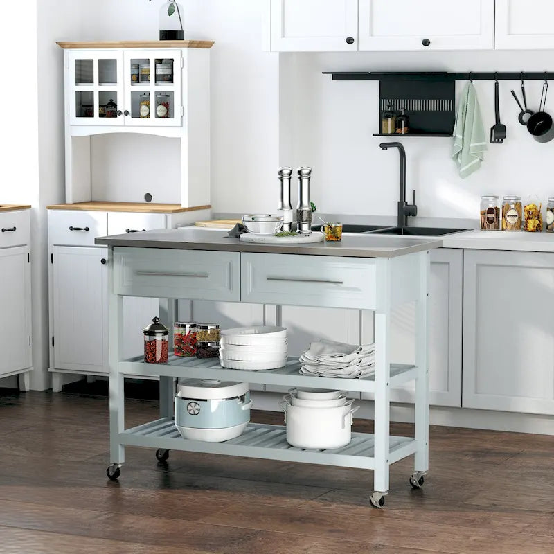 Îlot de cuisine avec plateau en acier inoxydable (tabouret non inclus)