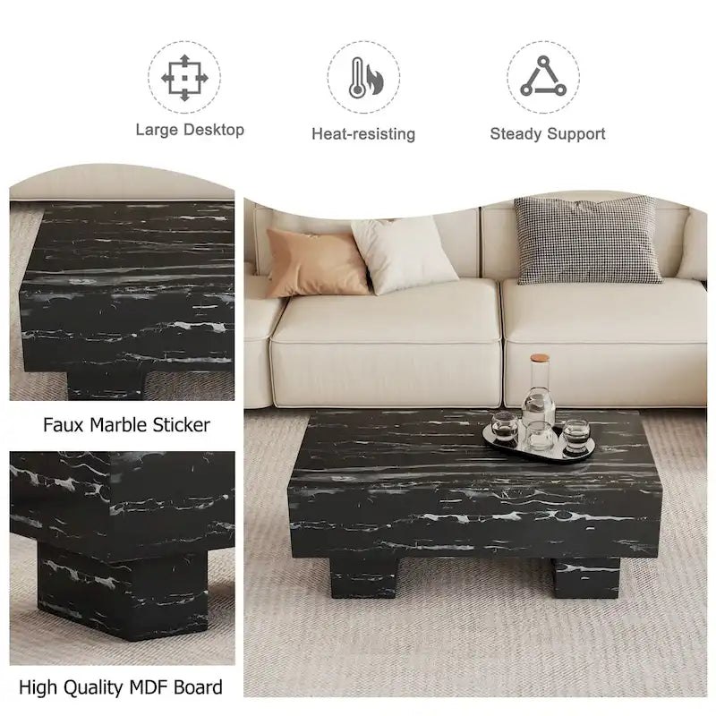 Table basse 43,3 po avec texture de marbre noir et capacité de charge de 300 lb