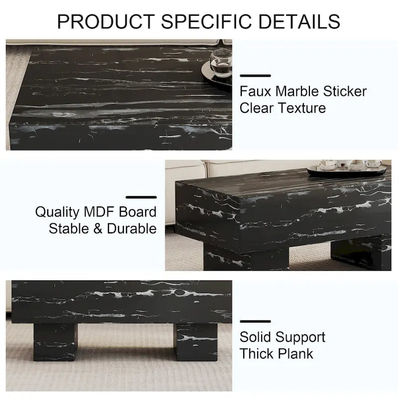 Table basse 43,3 po avec texture de marbre noir et capacité de charge de 300 lb