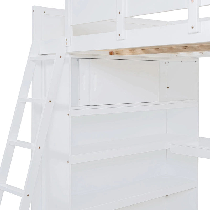 White Full Size Solid Wood Loft Bed with Desk and Shelf for Kids