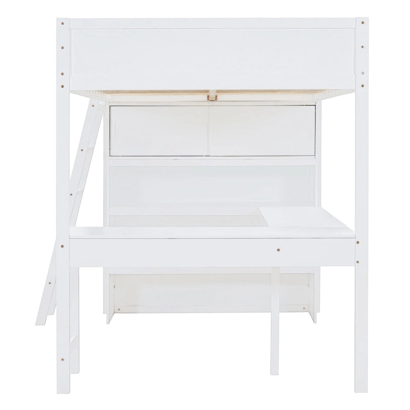 Lit mezzanine simple en bois massif blanc avec bureau et étagère pour enfants