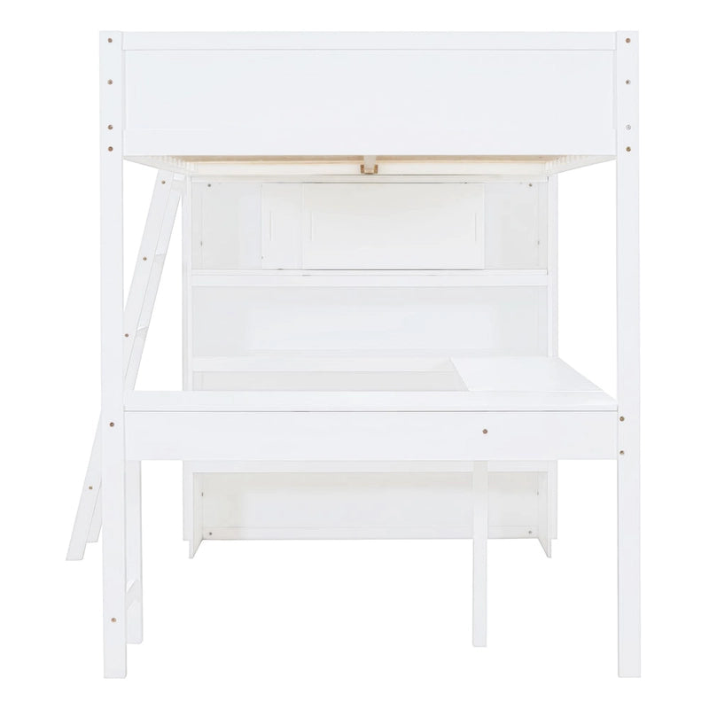 Lit mezzanine simple en bois massif blanc avec bureau et étagère pour enfants
