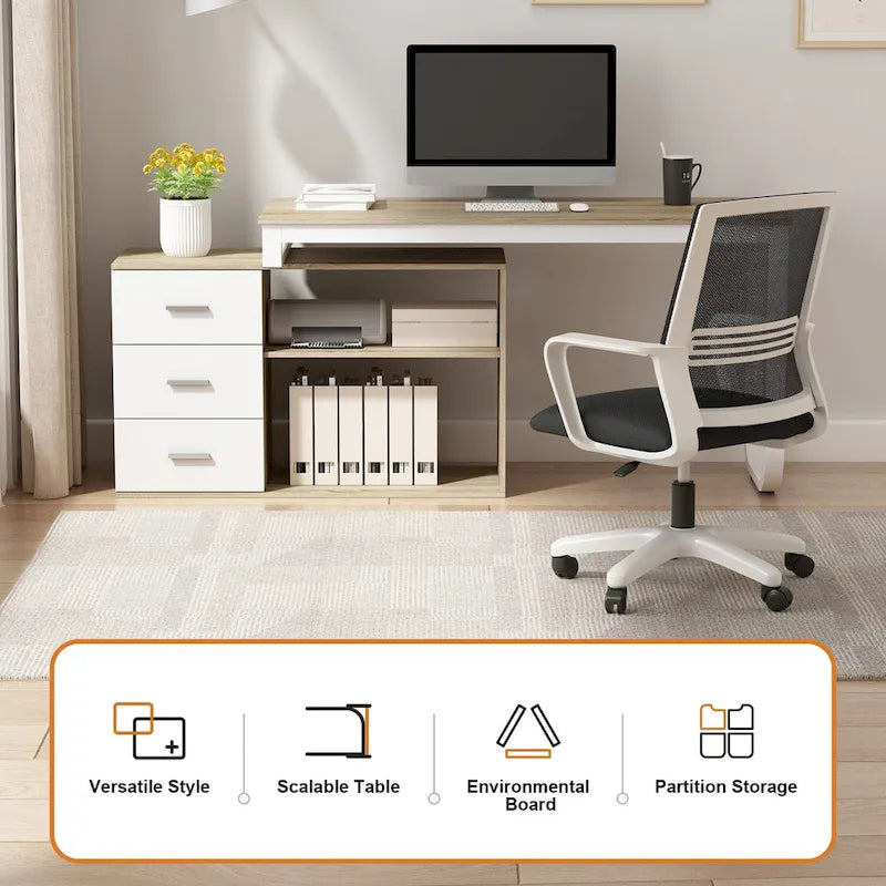 Bureau d'ordinateur d'écriture en forme de L de 55" avec rangement, poste de travail, 5 couleurs