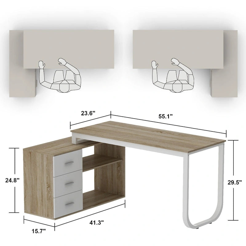 Bureau d'ordinateur d'écriture en forme de L de 55" avec rangement, poste de travail, 5 couleurs
