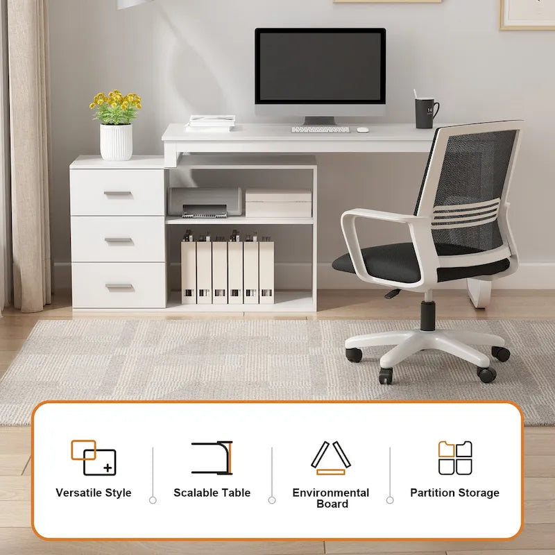 Bureau d'ordinateur d'écriture en forme de L de 55" avec rangement, poste de travail, 5 couleurs