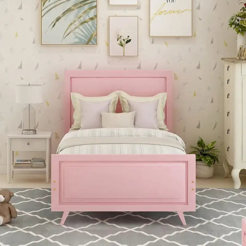 Lit plateforme une place en bois massif avec tête de lit, sommier non requis, cadre de lit à lattes en bois pour chambre d'enfant et d'invité
