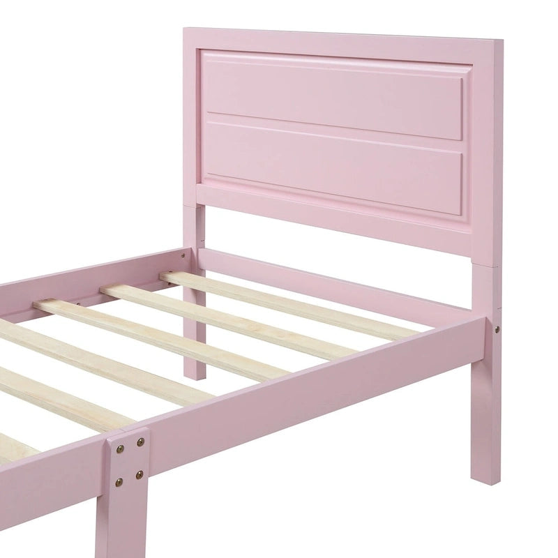 Lit plateforme une place en bois massif avec tête de lit, sommier non requis, cadre de lit à lattes en bois pour chambre d'enfant et d'invité