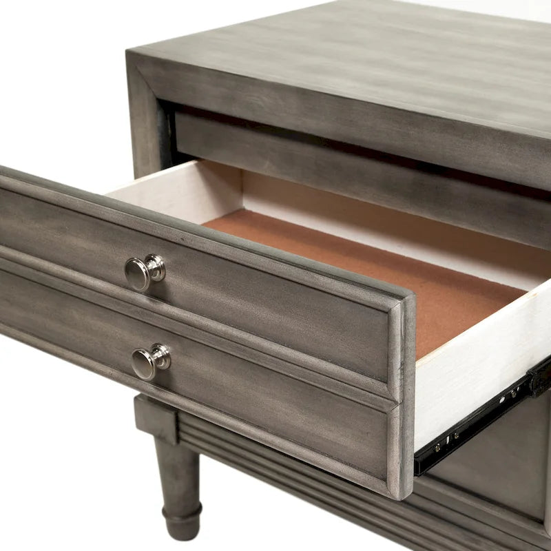 Table de nuit deux tiroirs en bois massif gris, style transitionnel