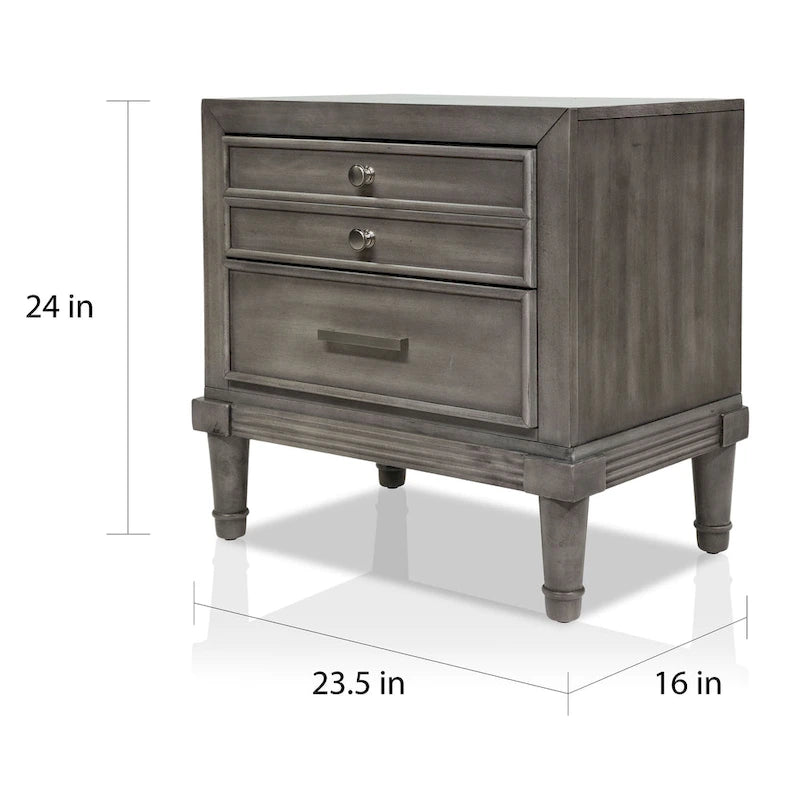 Table de nuit deux tiroirs en bois massif gris, style transitionnel