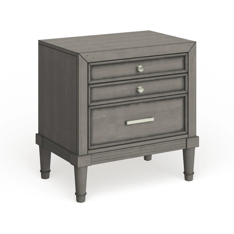 Table de nuit deux tiroirs en bois massif gris, style transitionnel