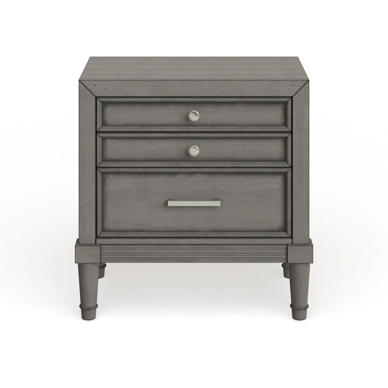 Table de nuit deux tiroirs en bois massif gris, style transitionnel
