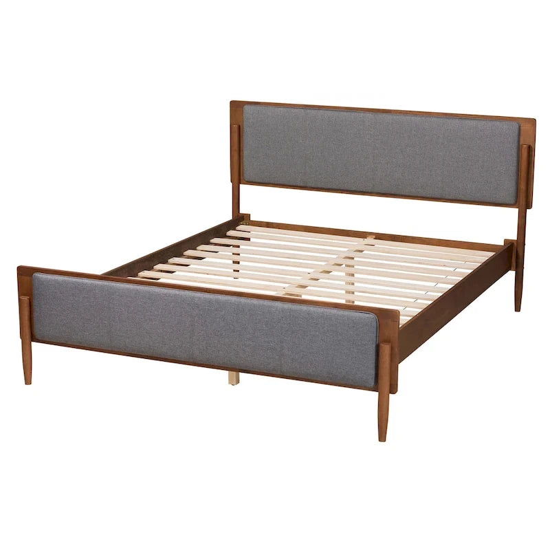Lit plateforme en tissu gris et bois de noyer cendré de style Mid-Century Modern