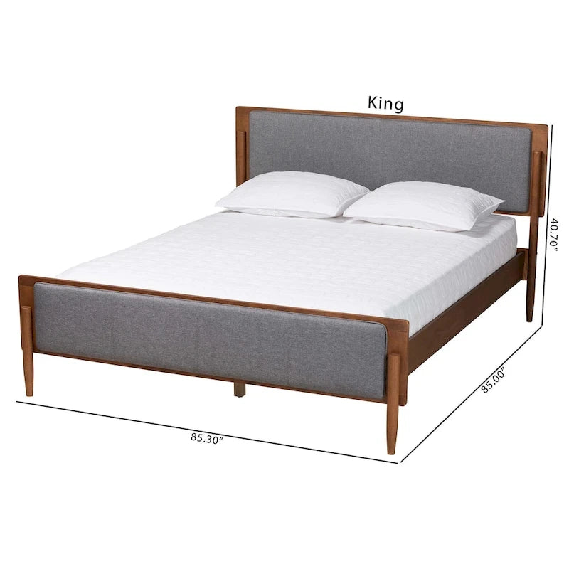 Lit plateforme en tissu gris et bois de noyer cendré de style Mid-Century Modern
