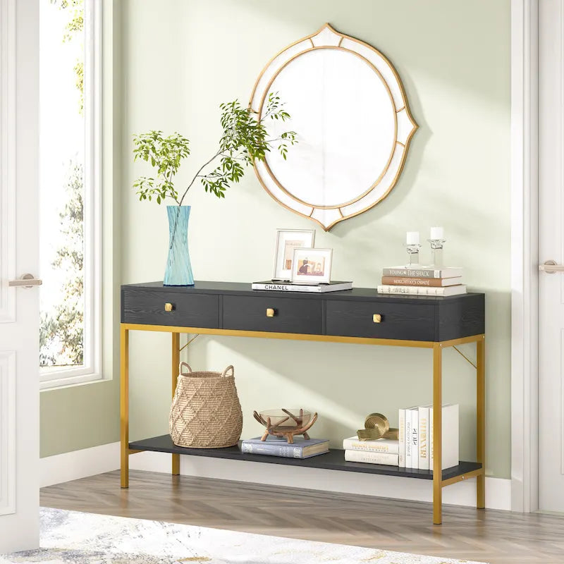 VANOMi 54.33 Console Table with 3 Drawers, Black Entryway Table with Storage Shelves