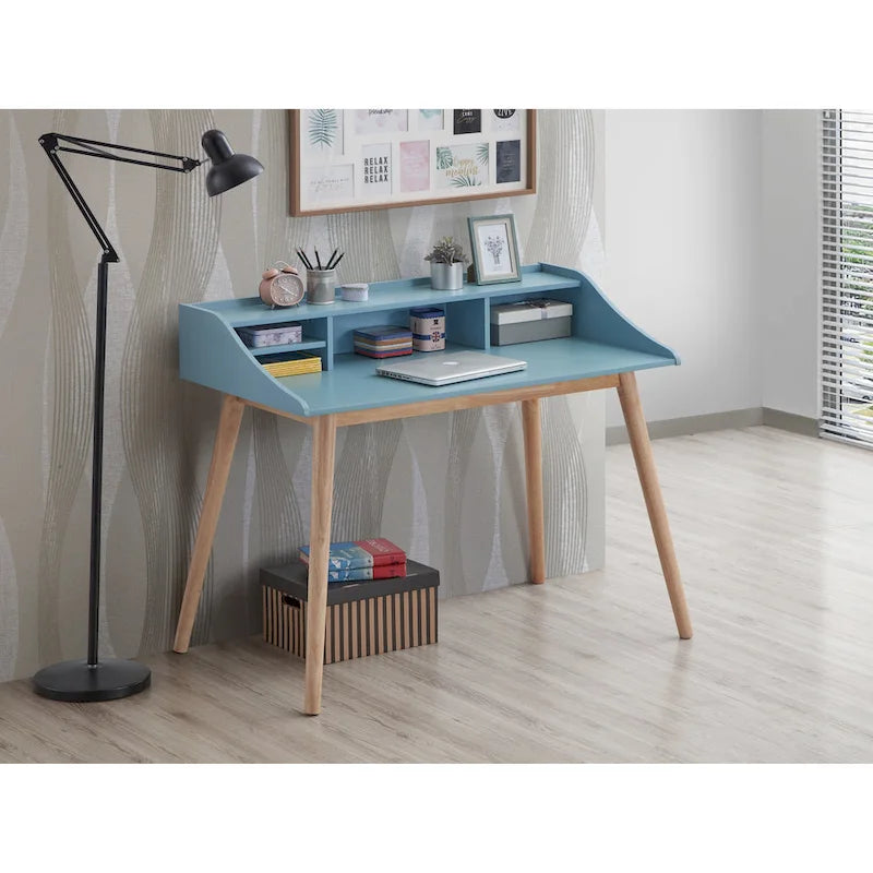 Roundhill Furniture Roskilde Mid-Century Modern Wood Writing Desk with Hutch, Blue
