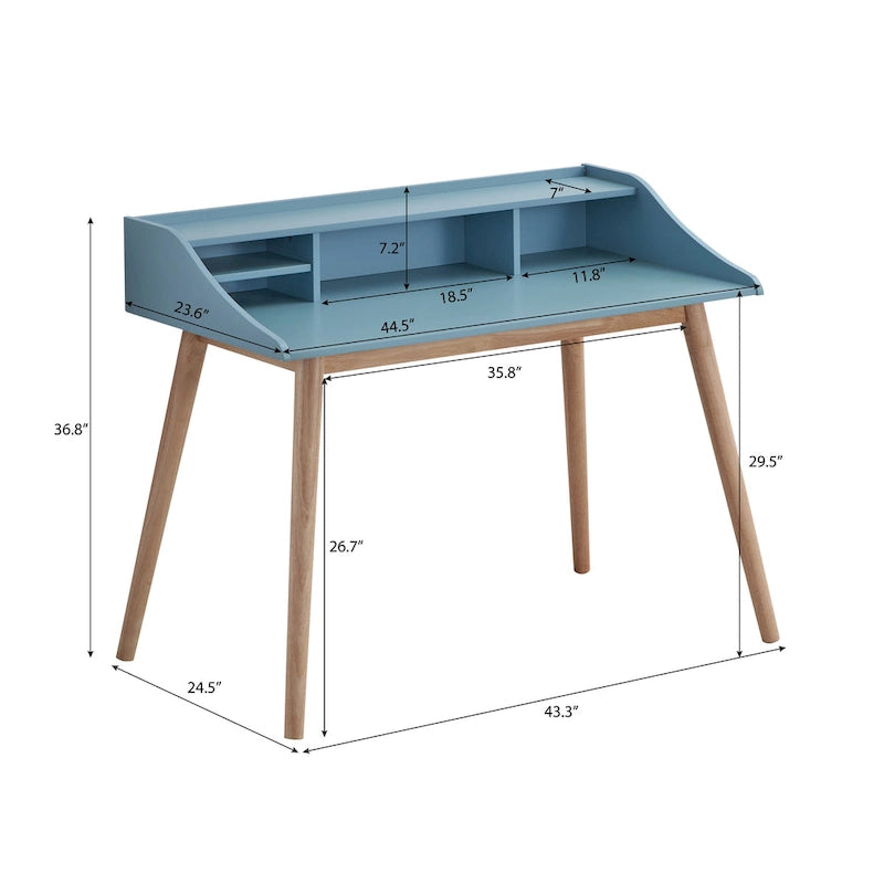 Bureau secrétaire en bois style scandinave avec huche, bleu