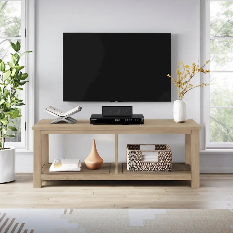 Banc TV en bois d'acacia massif, meuble multimédia pour salon, capacité de charge de 68 kg