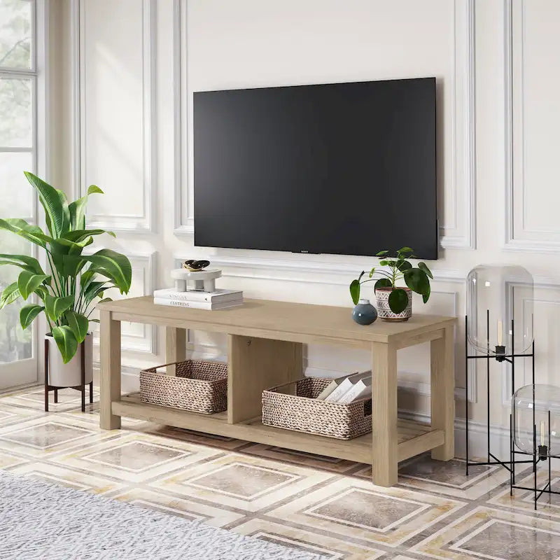 Banc TV en bois d'acacia massif, meuble multimédia pour salon, capacité de charge de 68 kg