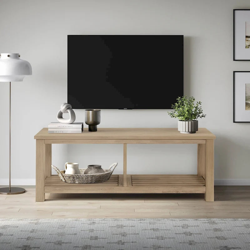 Banc TV en bois d'acacia massif, meuble multimédia pour salon, capacité de charge de 68 kg