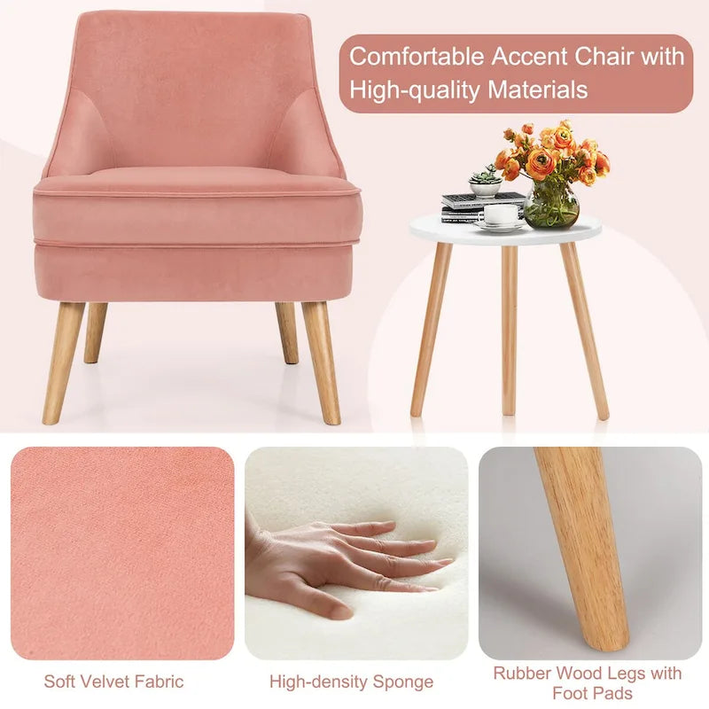 Ensemble de 2 chaises d'appoint, fauteuil individuel en velours avec pieds en bois d'hévéa