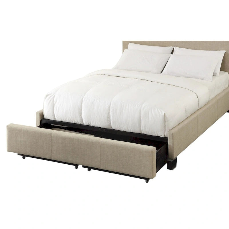 Lit Queen, Bout de lit de rangement, Rembourrage capitonné, Lin beige