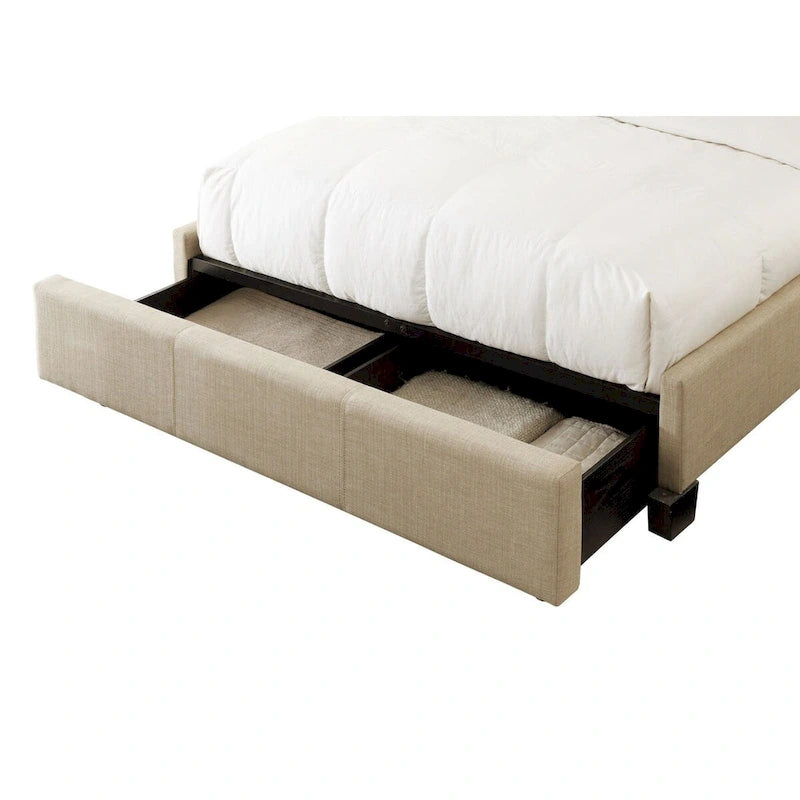 Lit Queen, Bout de lit de rangement, Rembourrage capitonné, Lin beige
