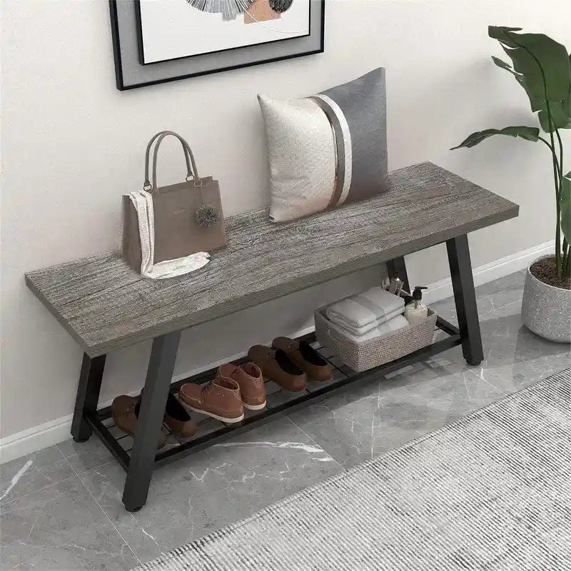 Banc d'entrée de style vintage, banc à chaussures avec cadre en métal robuste et étagères en panneaux de particules rustiques, capacité de charge de 148 kg, banc polyvalent pour hall d'entrée et bout de lit