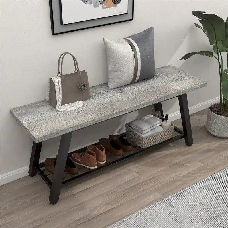 Banc d'entrée de style vintage, banc à chaussures avec cadre en métal robuste et étagères en panneaux de particules rustiques, capacité de charge de 148 kg, banc polyvalent pour hall d'entrée et bout de lit