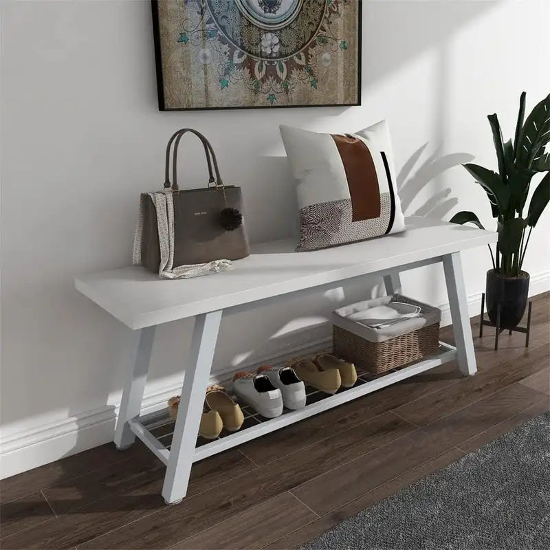 Banc d'entrée de style vintage, banc à chaussures avec cadre en métal robuste et étagères en panneaux de particules rustiques, capacité de charge de 148 kg, banc polyvalent pour hall d'entrée et bout de lit