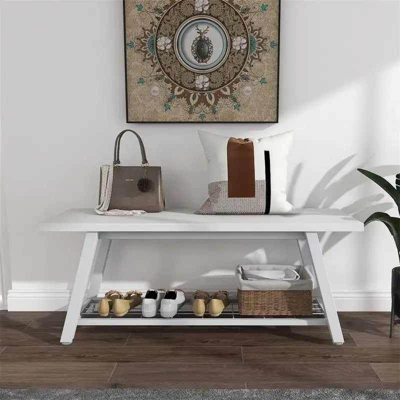 Banc d'entrée de style vintage, banc à chaussures avec cadre en métal robuste et étagères en panneaux de particules rustiques, capacité de charge de 148 kg, banc polyvalent pour hall d'entrée et bout de lit