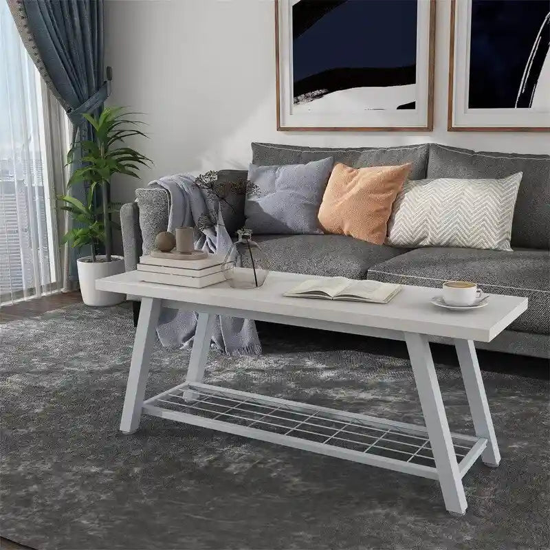Banc d'entrée de style vintage, banc à chaussures avec cadre en métal robuste et étagères en panneaux de particules rustiques, capacité de charge de 148 kg, banc polyvalent pour hall d'entrée et bout de lit