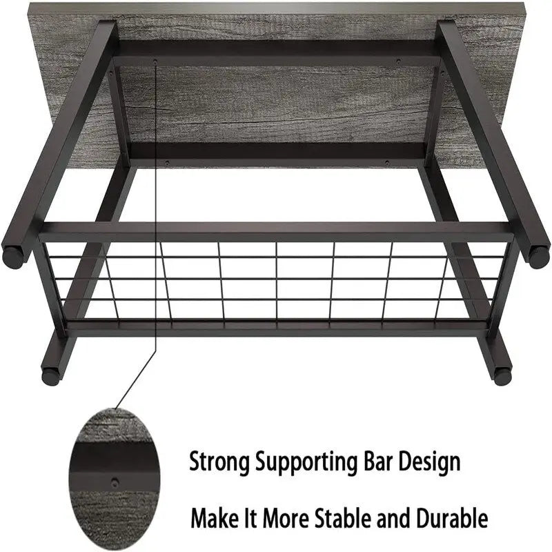 Banc d'entrée de style vintage, banc à chaussures avec cadre en métal robuste et étagères en panneaux de particules rustiques, capacité de charge de 148 kg, banc polyvalent pour hall d'entrée et bout de lit