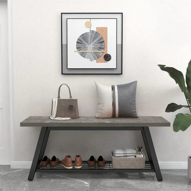Banc d'entrée de style vintage, banc à chaussures avec cadre en métal robuste et étagères en panneaux de particules rustiques, capacité de charge de 148 kg, banc polyvalent pour hall d'entrée et bout de lit